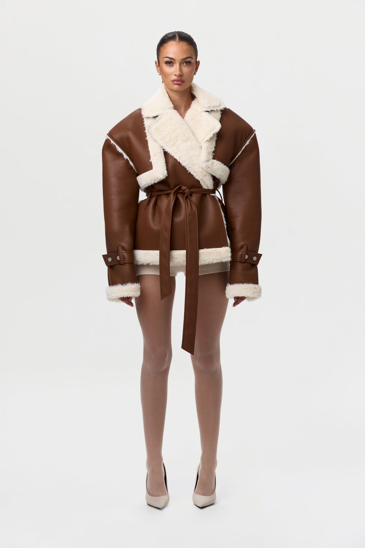 Camel Vegan Leather Sherpa Coat