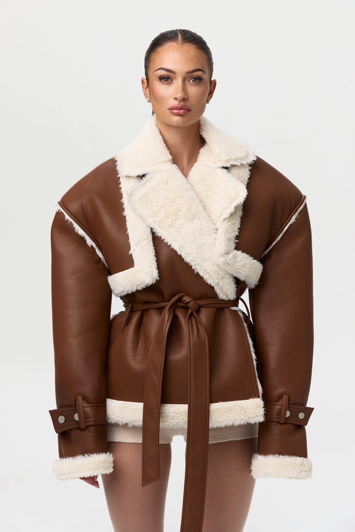 Camel Vegan Leather Sherpa Coat