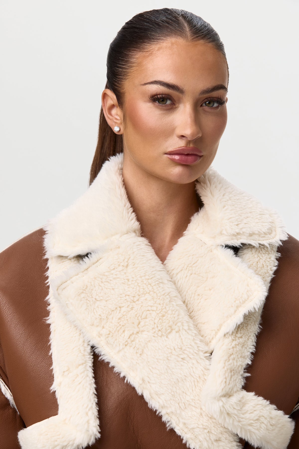 Camel Vegan Leather Sherpa Coat