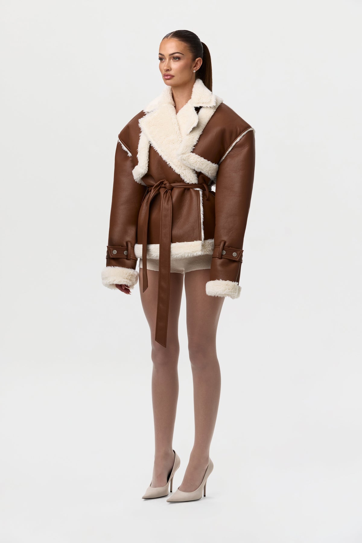 Camel Vegan Leather Sherpa Coat
