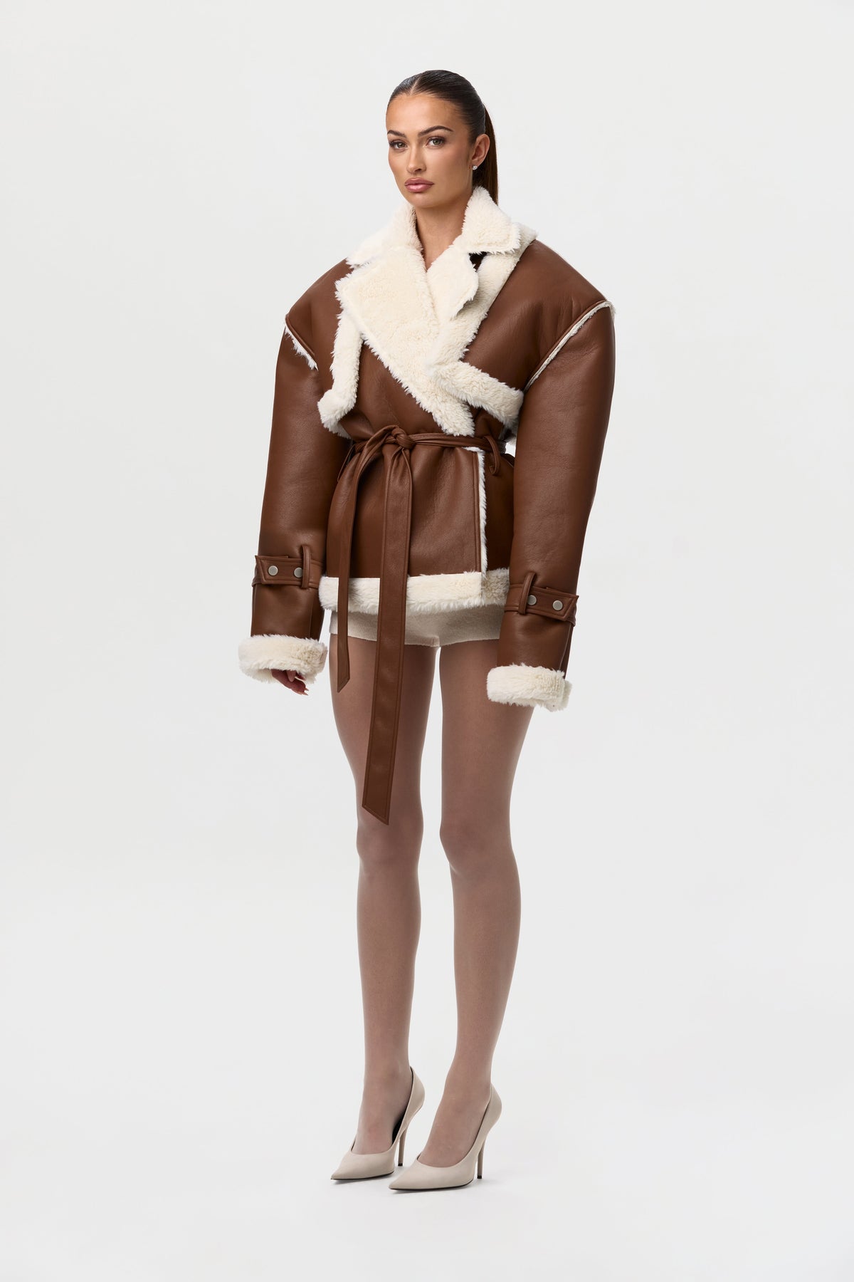 Camel Vegan Leather Sherpa Coat