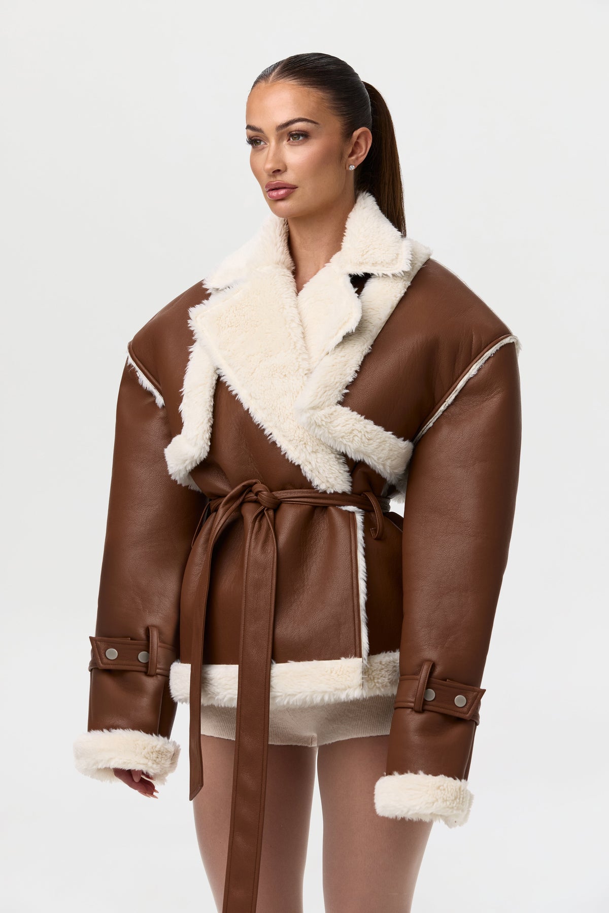 Camel Vegan Leather Sherpa Coat