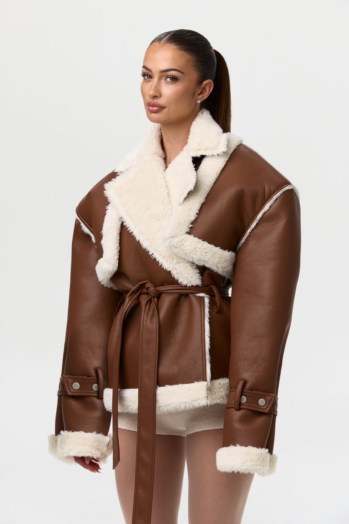 Camel Vegan Leather Sherpa Coat
