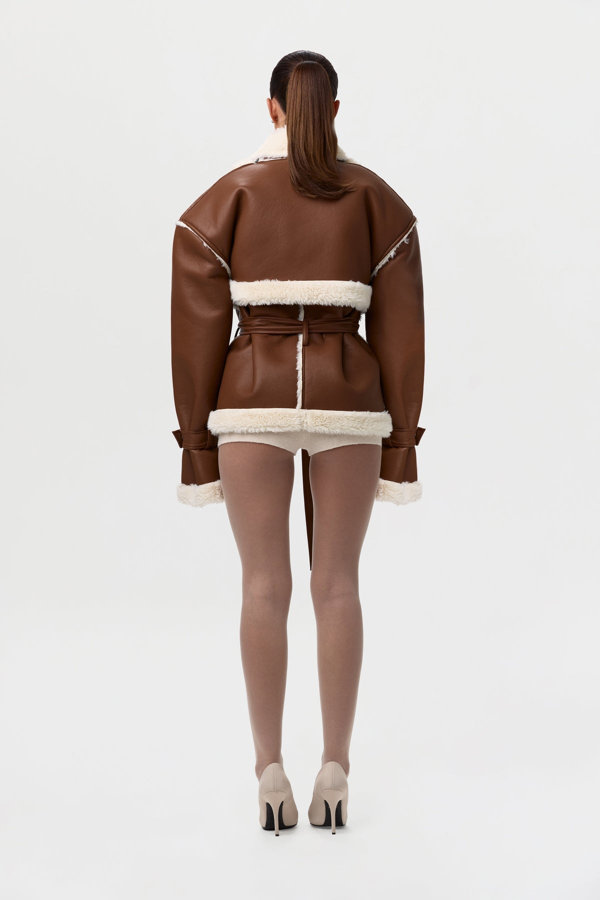 Camel Vegan Leather Sherpa Coat