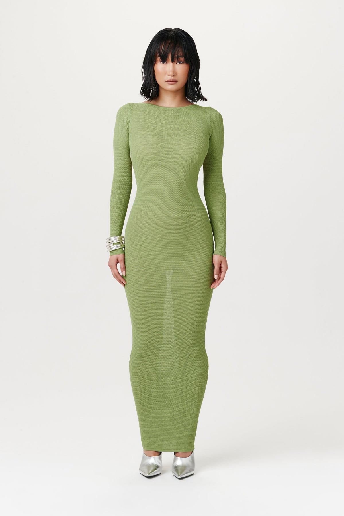 full body view of semi-see-through long-sleeve maxi dress in light green