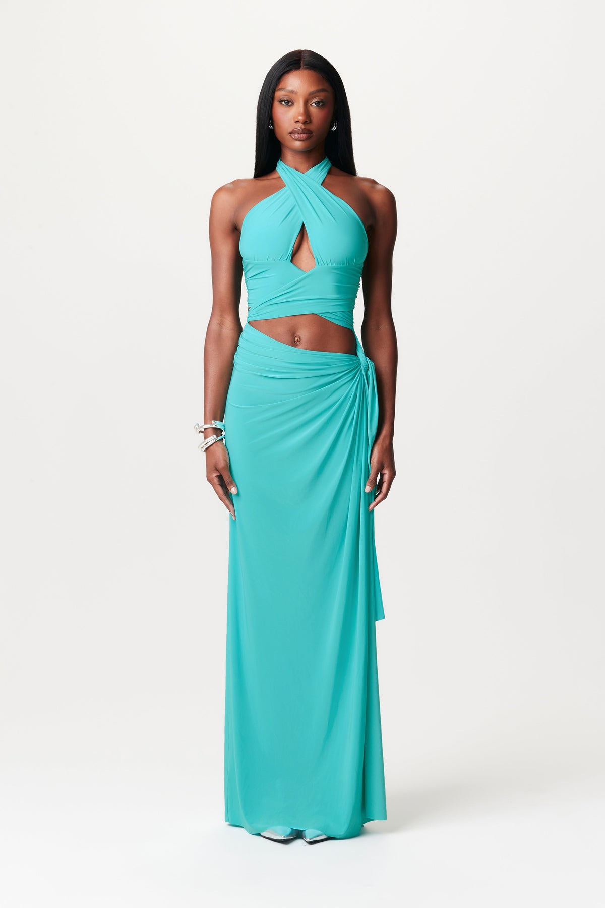 TURQUOISE Hourglass Halter Wrap Maxi Dress