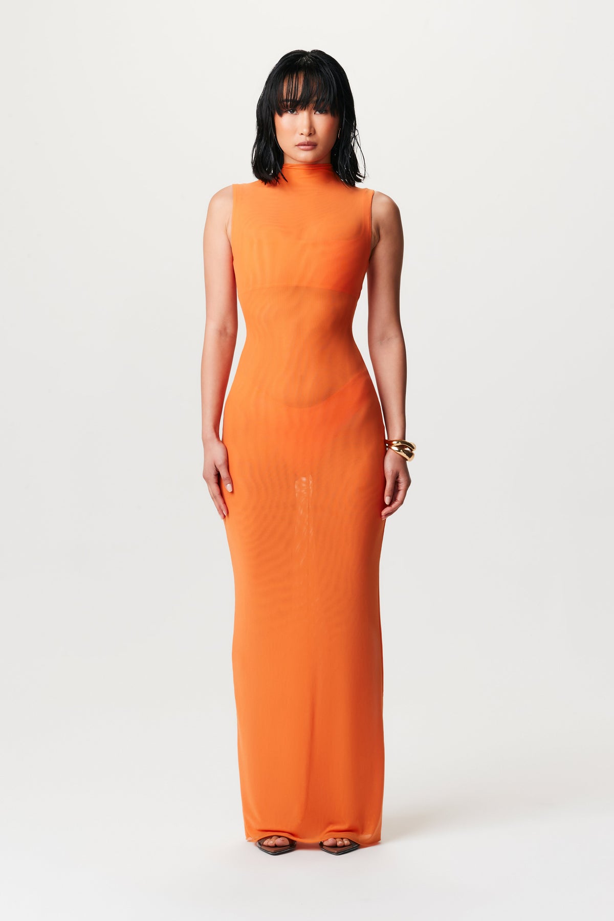 DEEP ORANGE Mesh Sleeveless Maxi Dress