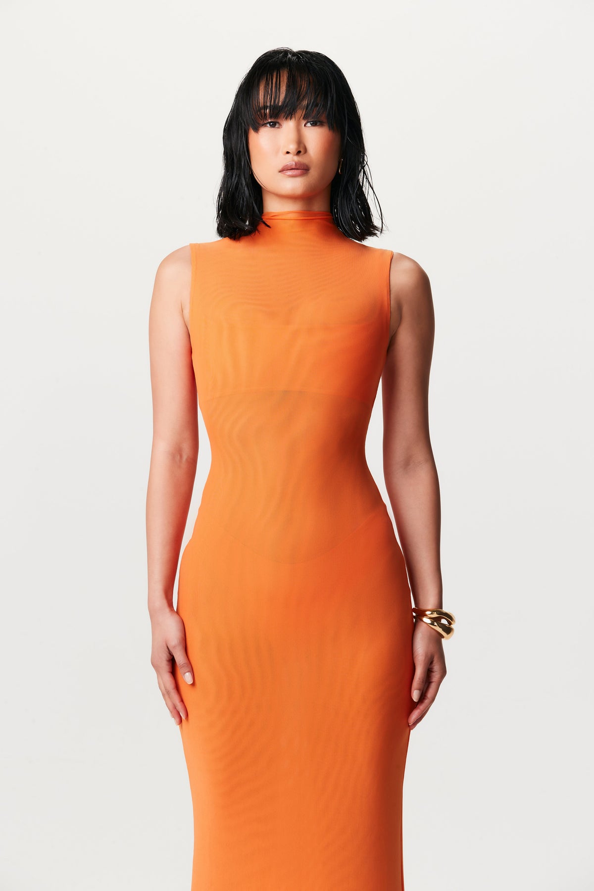 DEEP ORANGE Mesh Sleeveless Maxi Dress