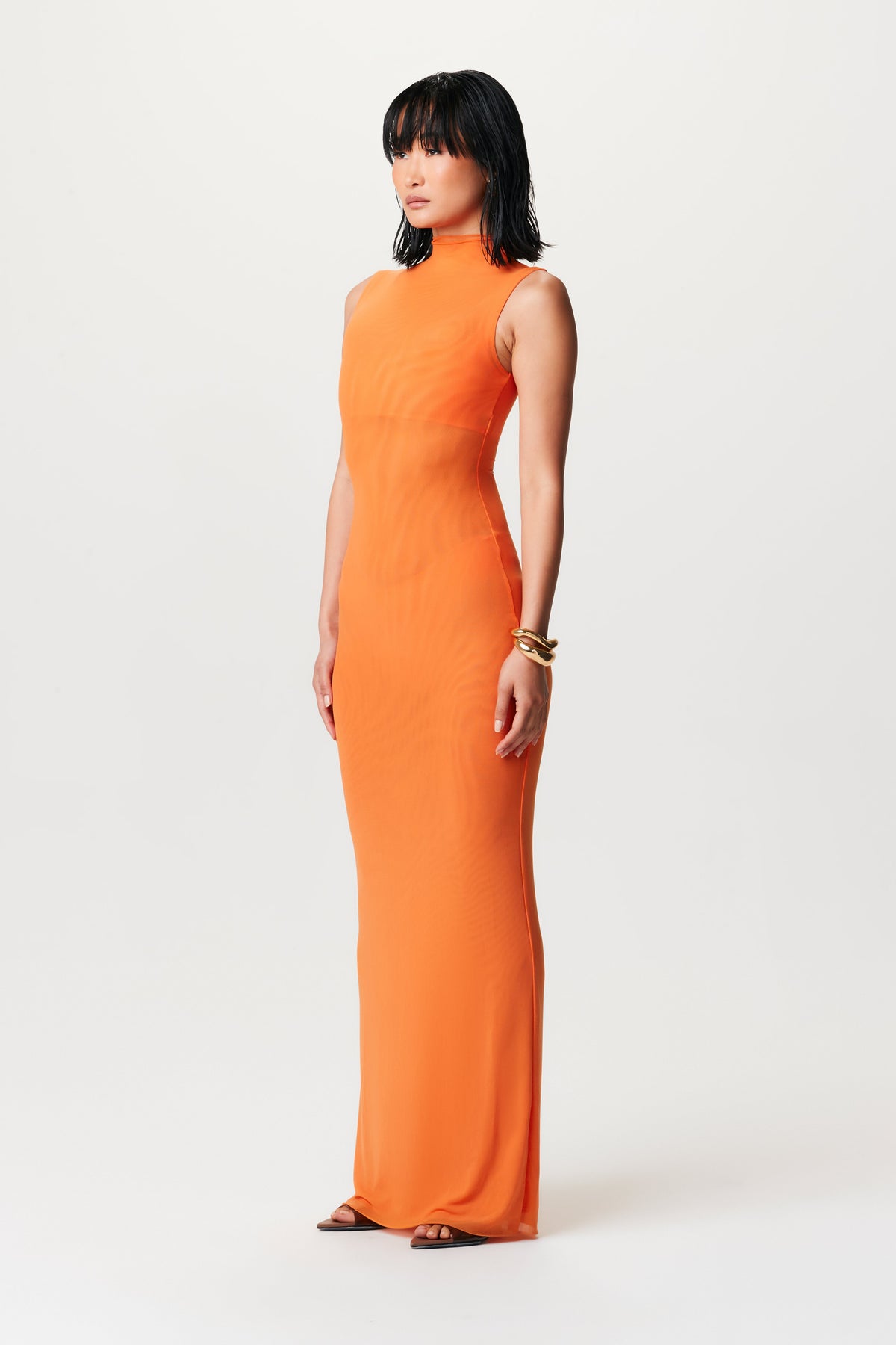 DEEP ORANGE Mesh Sleeveless Maxi Dress
