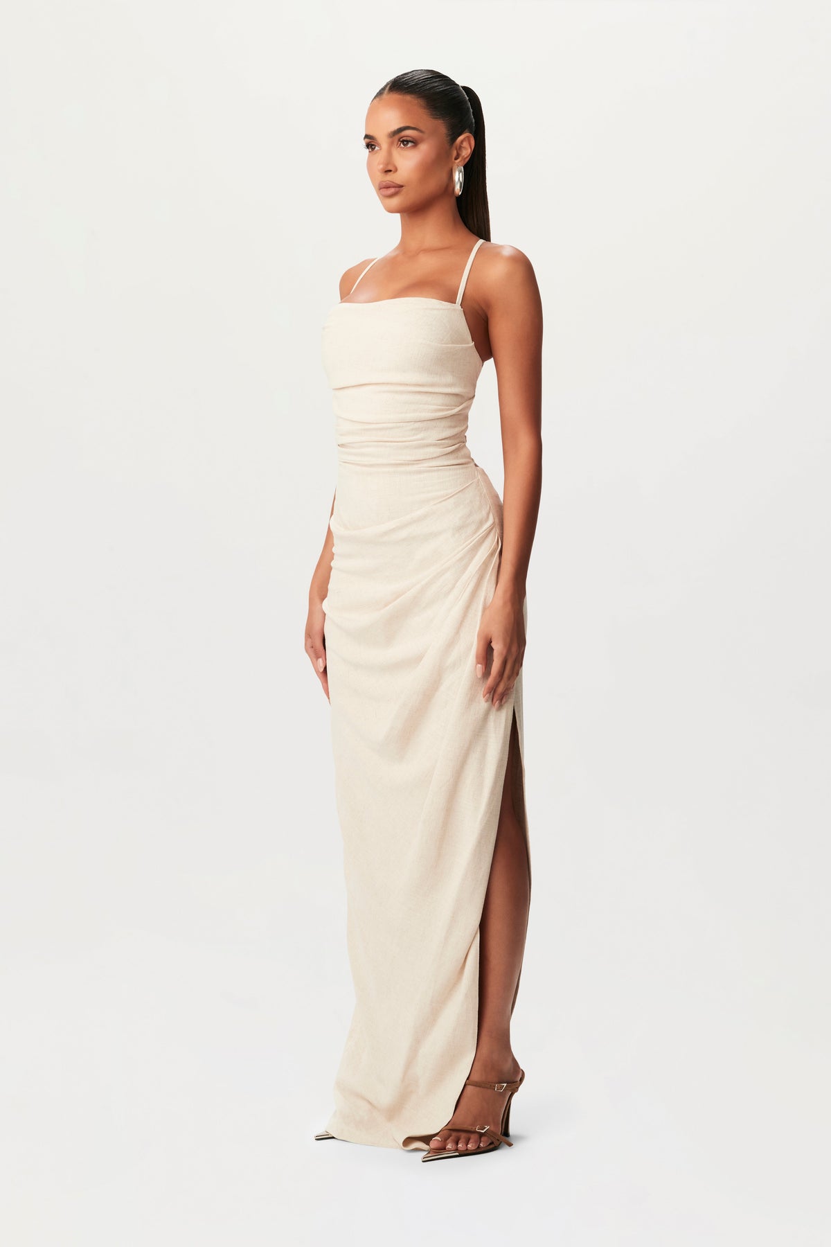 CREAM Linen Lace Up Maxi Dress