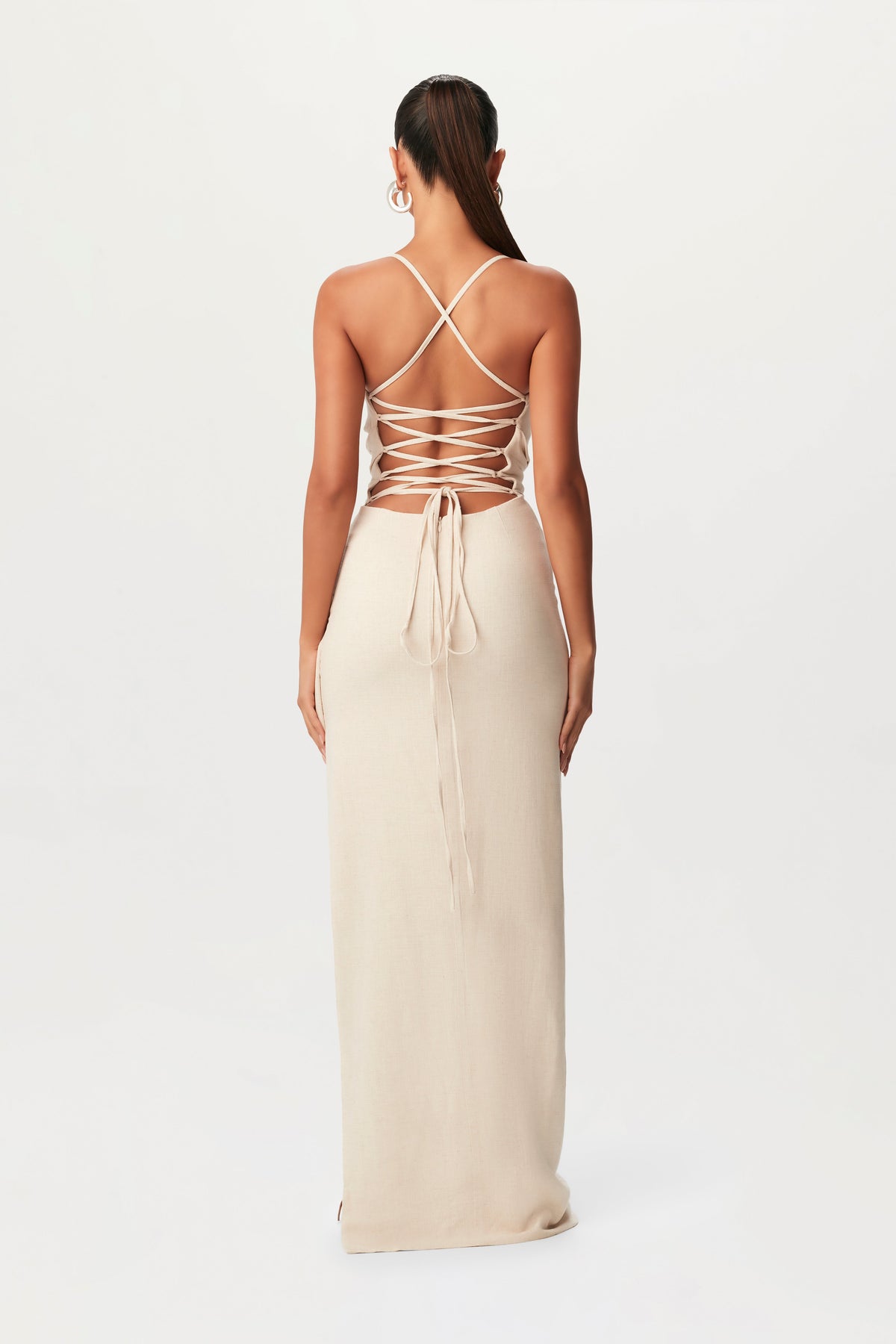 CREAM Linen Lace Up Maxi Dress