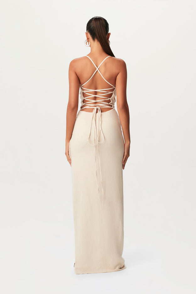 Linen Lace Up Maxi Dress