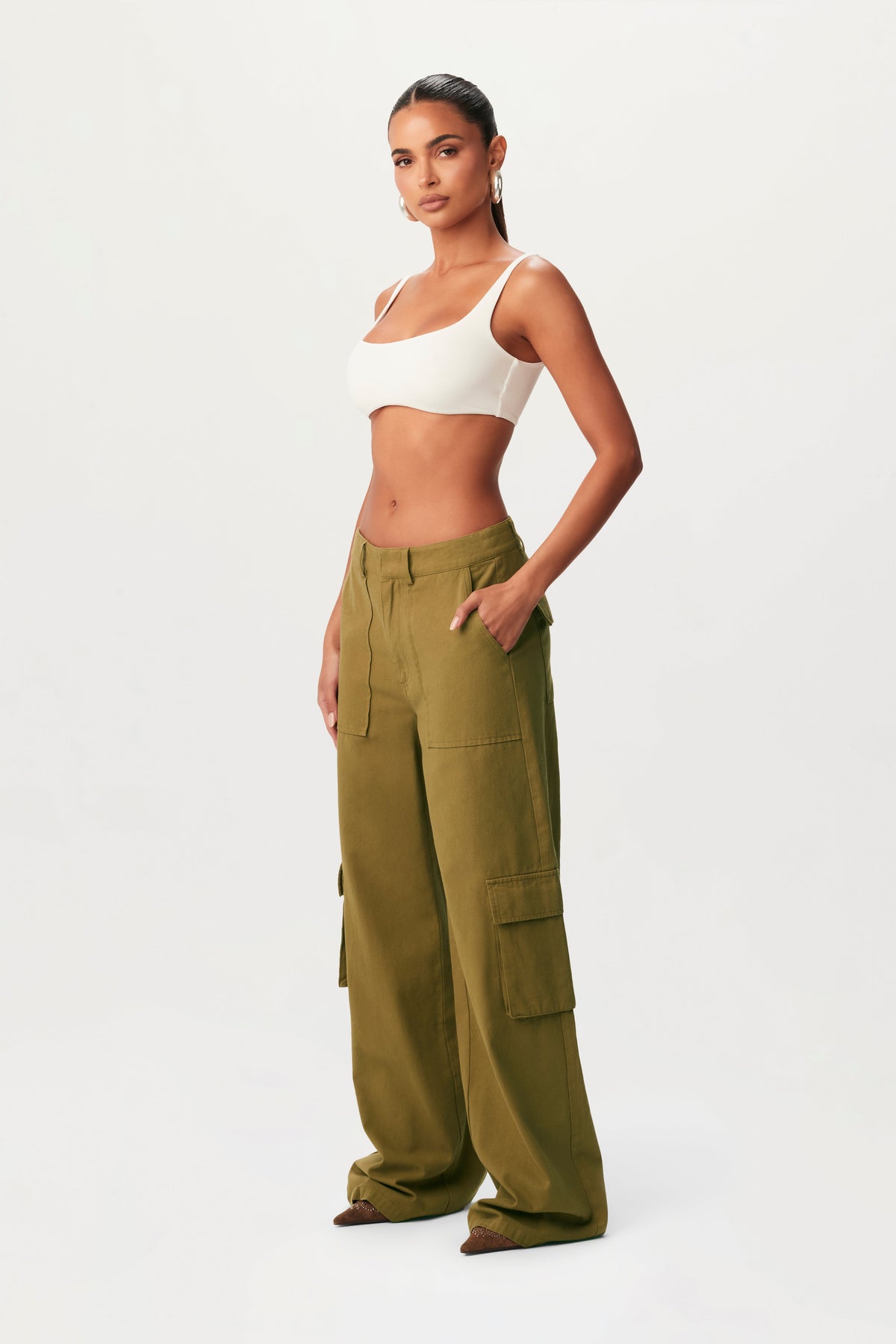 OLIVE Canvas Cargo Wide-Leg Pants