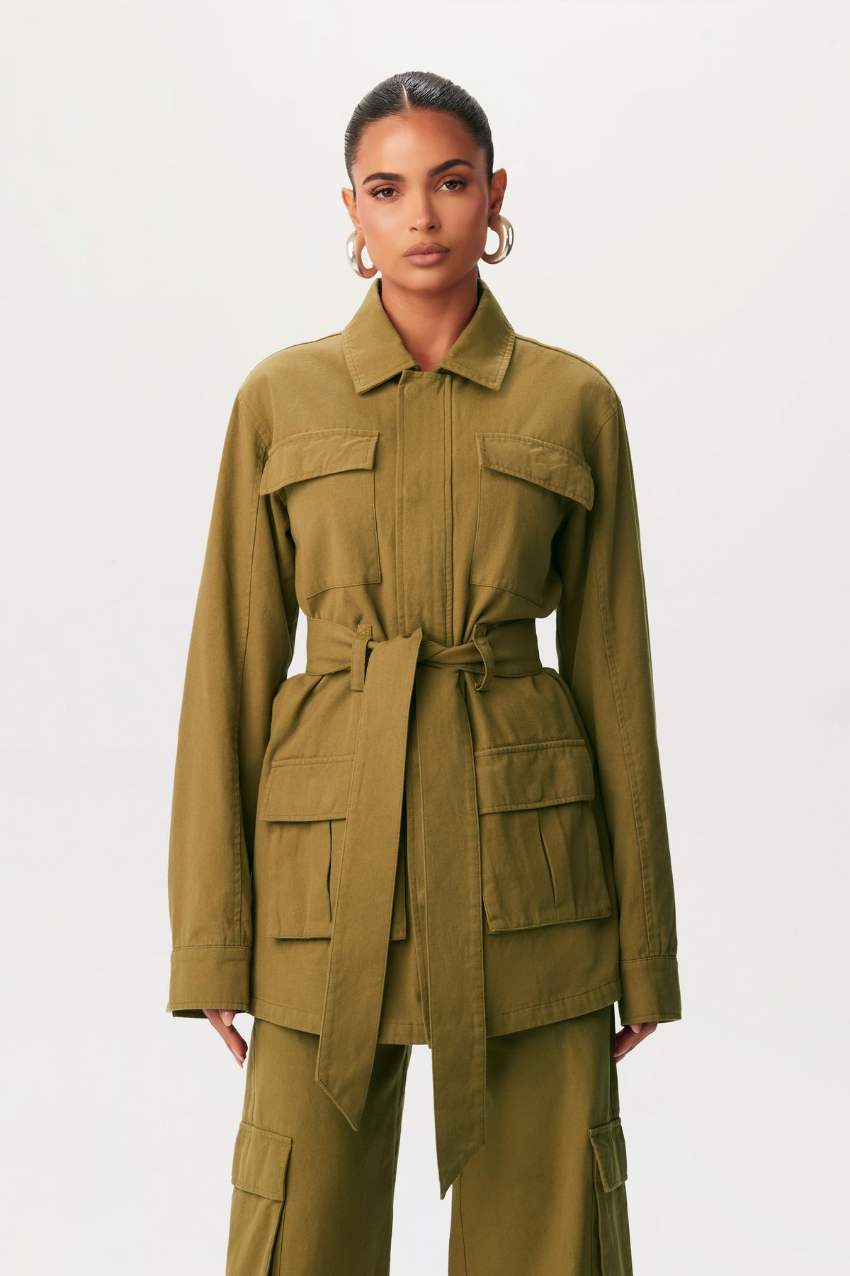 OLIVE Canvas Cargo Belted Utility Jacket