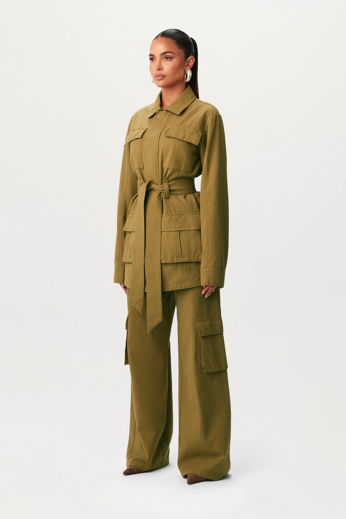 OLIVE Canvas Cargo Wide-Leg Pants