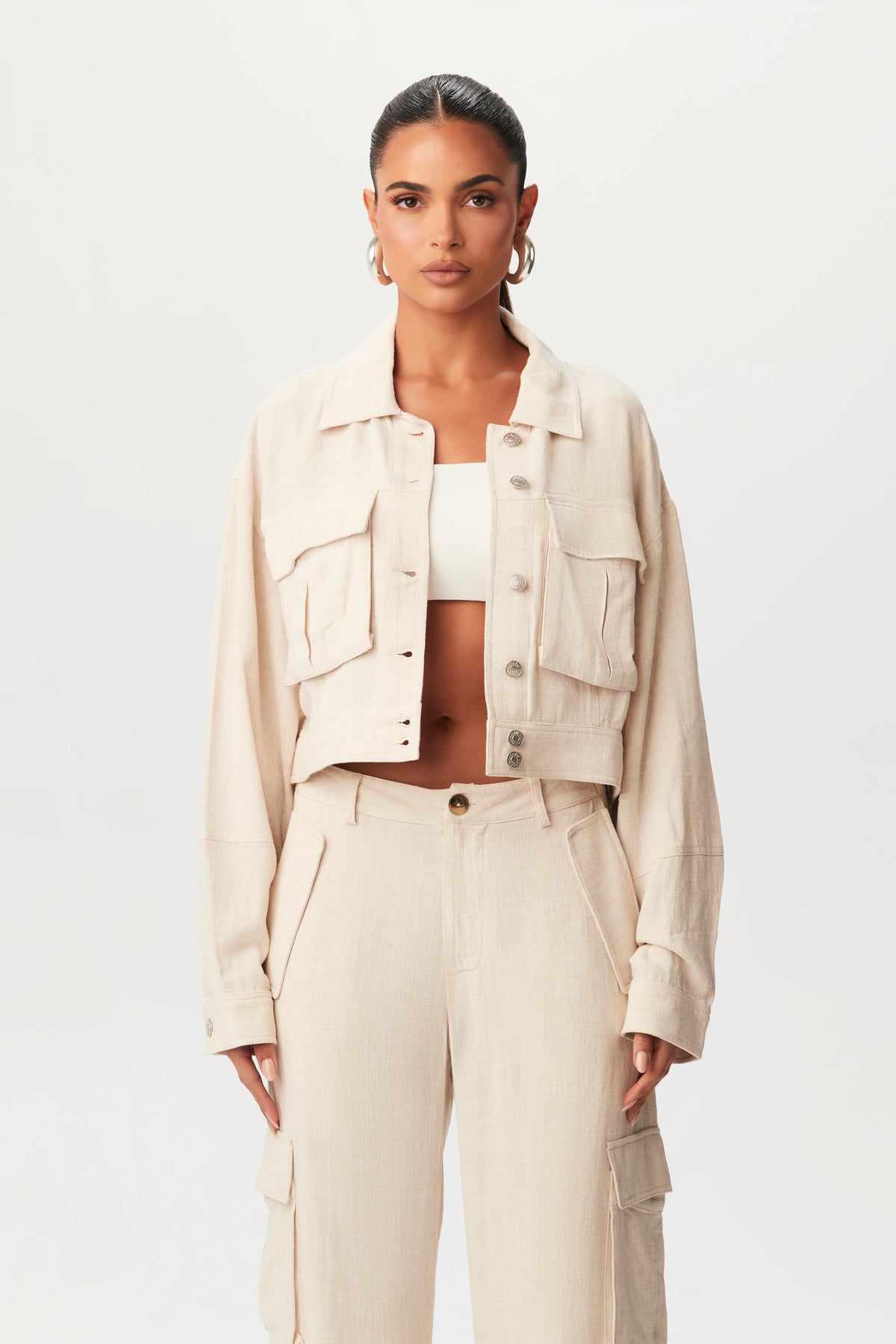 CREAM Linen Cargo Cropped Jacket