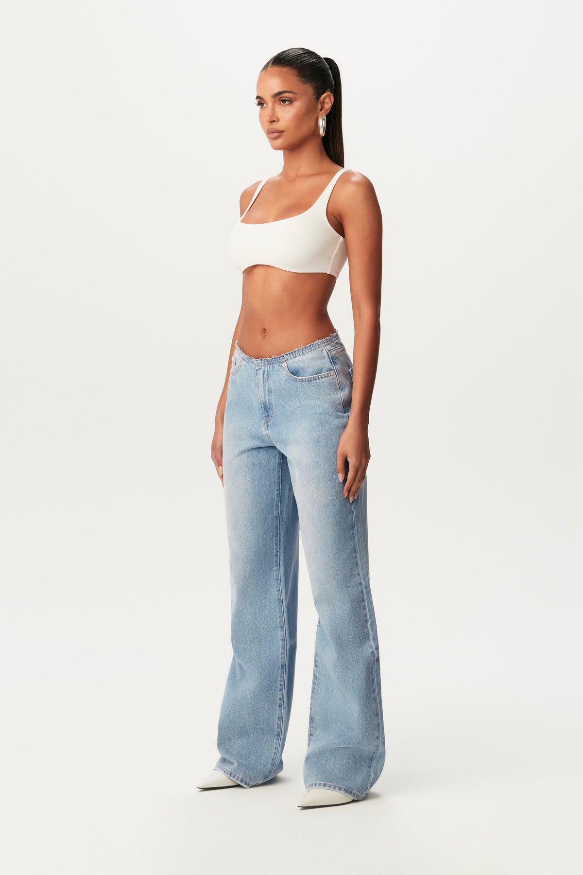 Light Denim Raw Waist Straight Leg Jeans