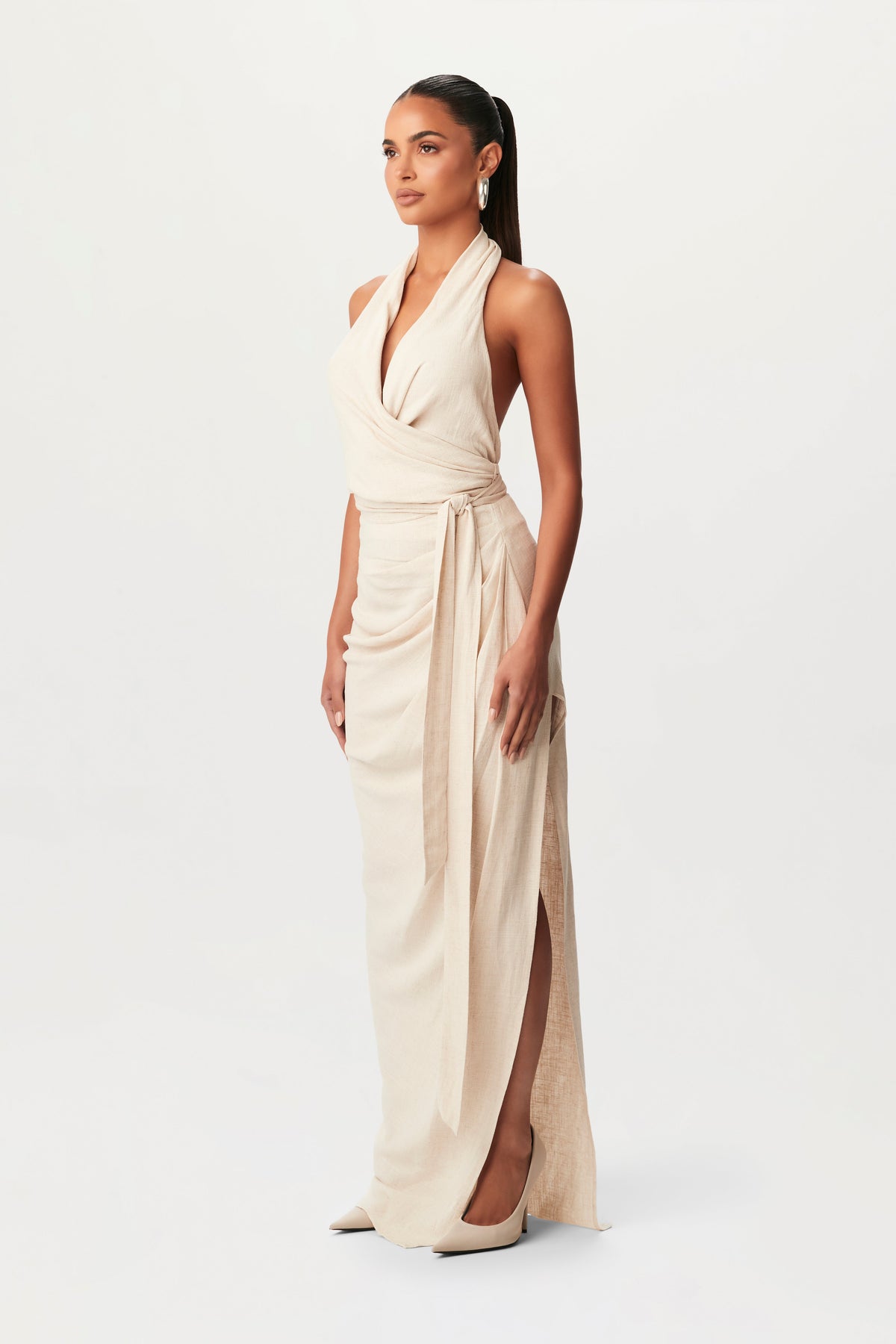 CREAM Linen High Slit Maxi Skirt