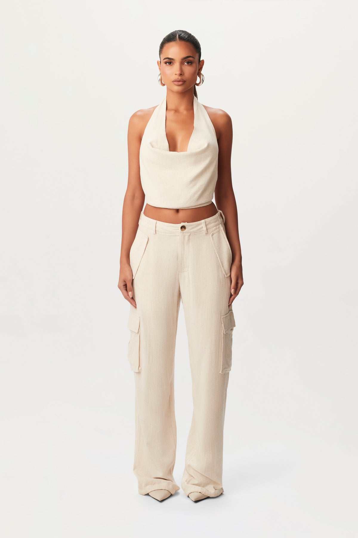 CREAM Linen Cowl Halter Top