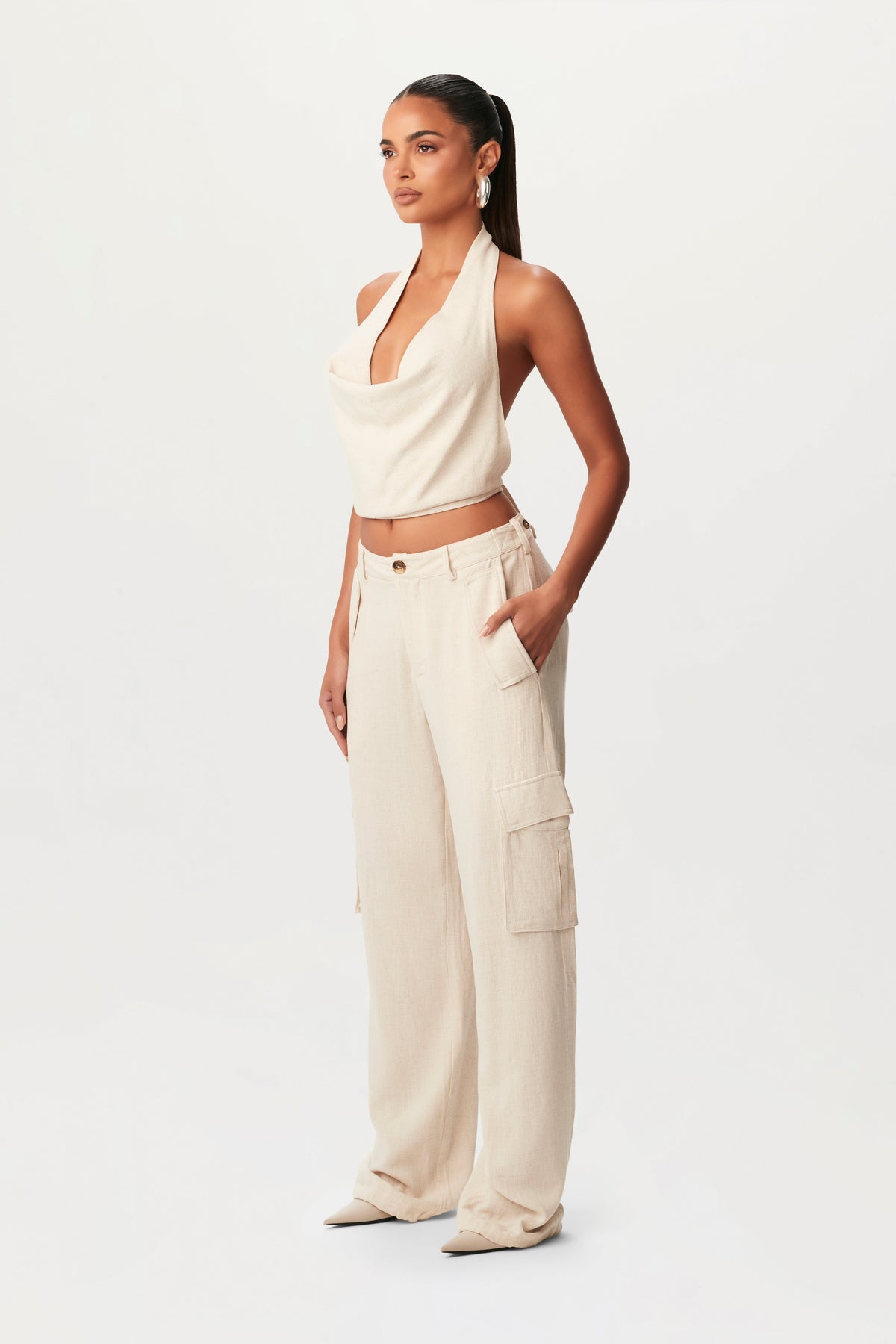 CREAM Linen Cowl Halter Top