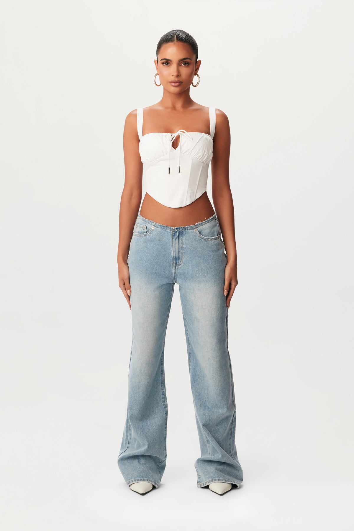 WHITE Shirting Ruched Corset Top