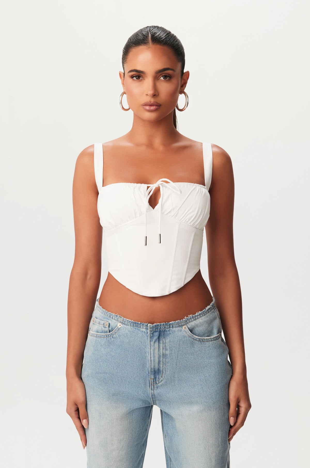 WHITE Shirting Ruched Corset Top