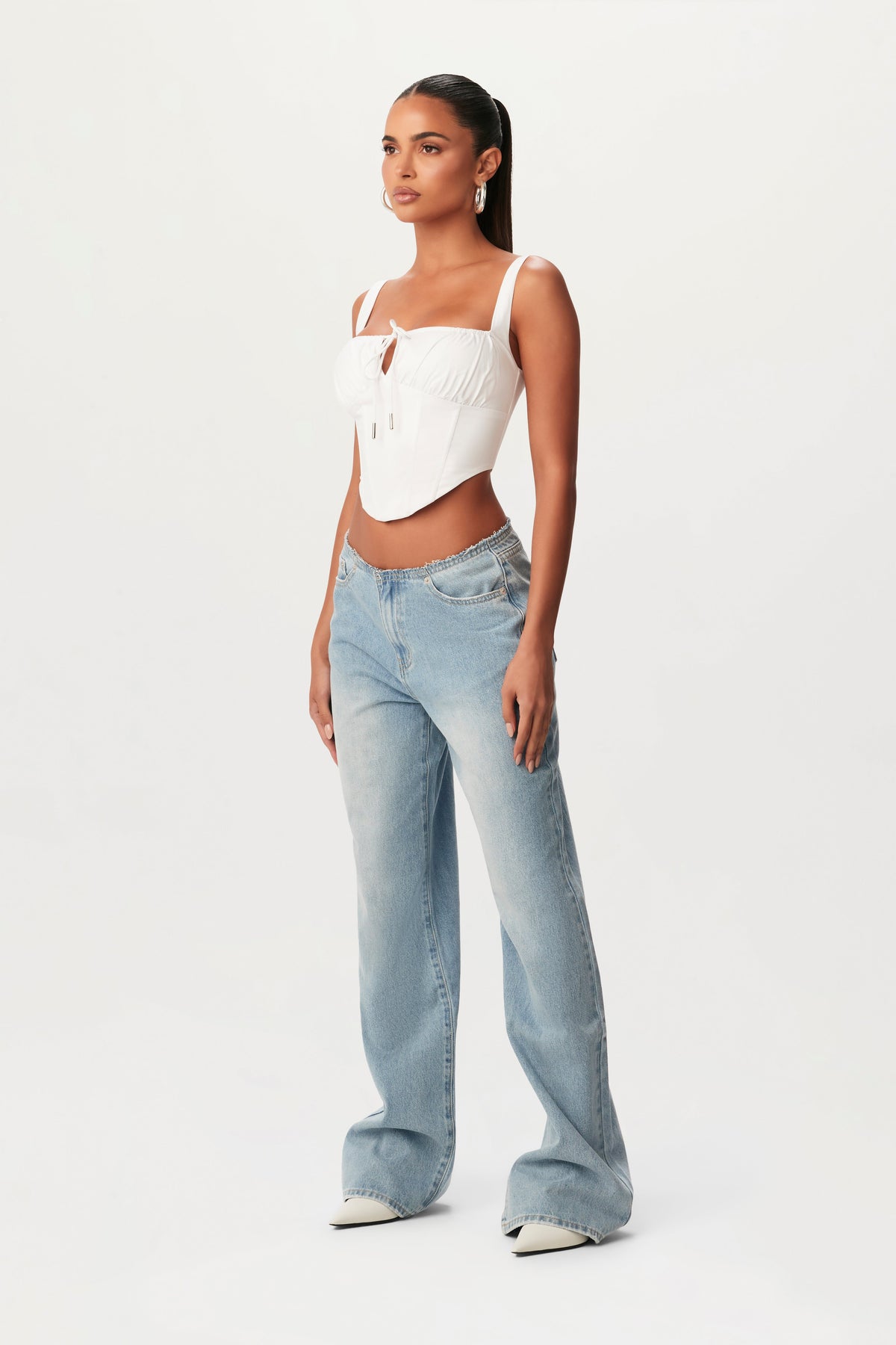 WHITE Shirting Ruched Corset Top