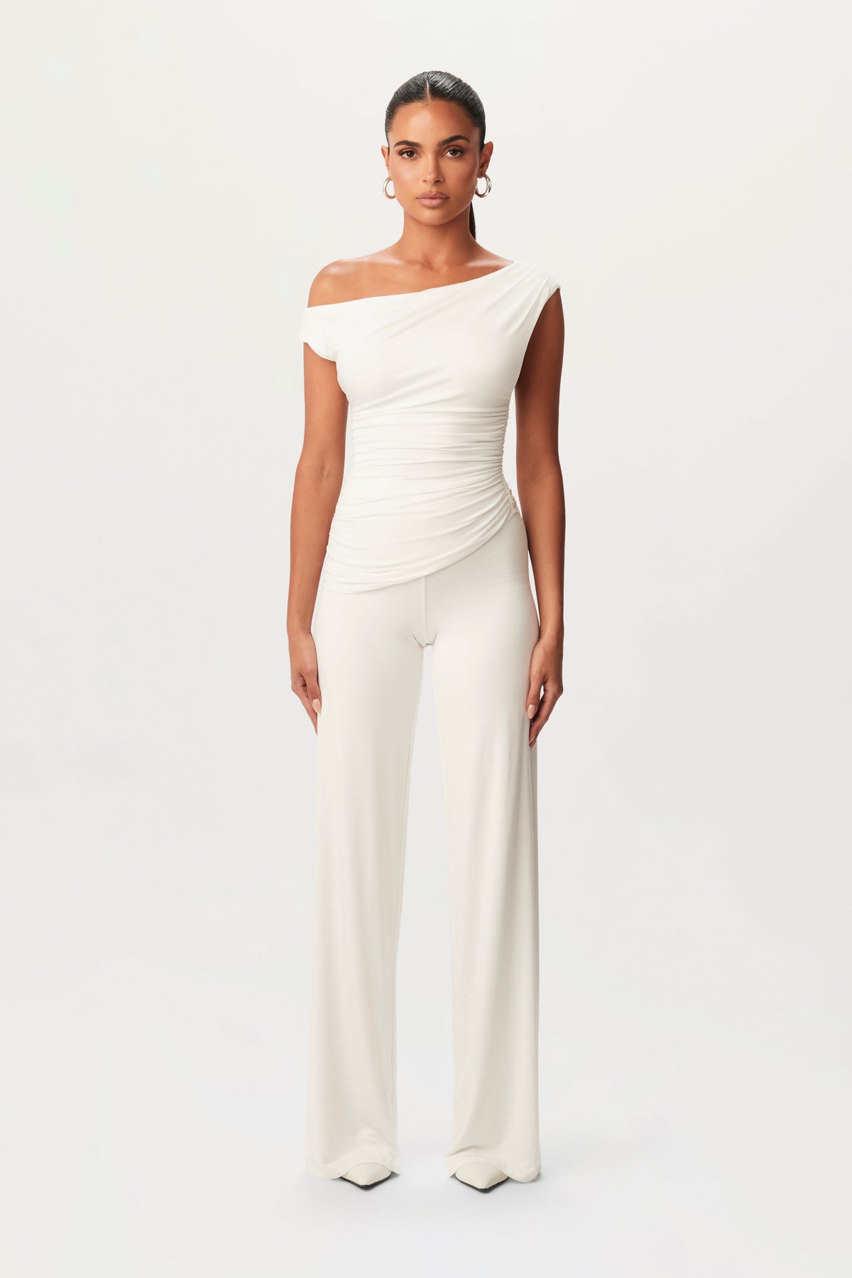 White Smooth Off-Shoulder Asymmetrical Top