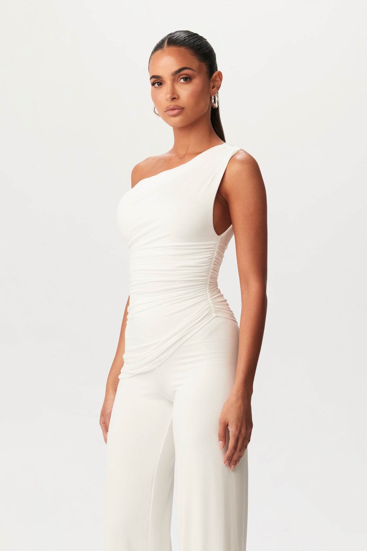 White Smooth Off-Shoulder Asymmetrical Top