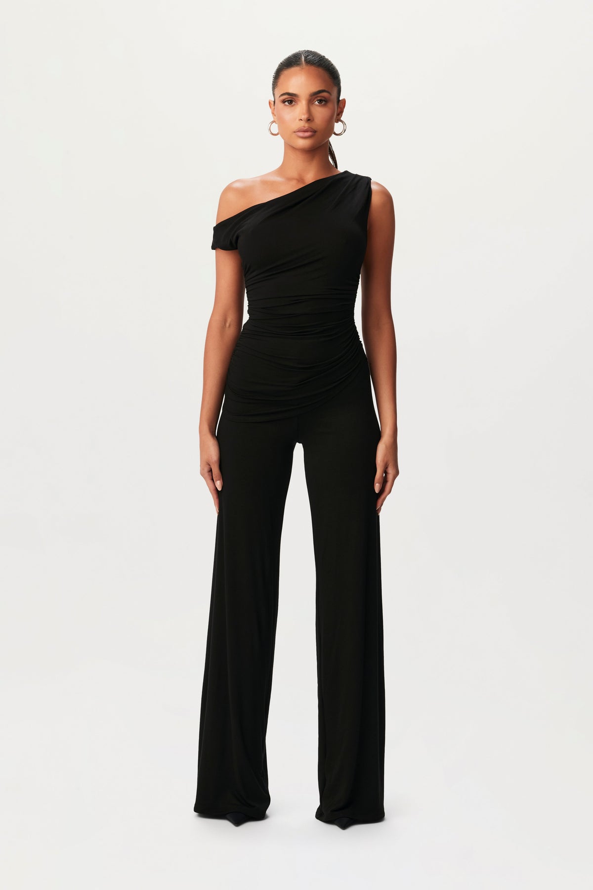 Black Smooth Off-Shoulder Asymmetrical Top