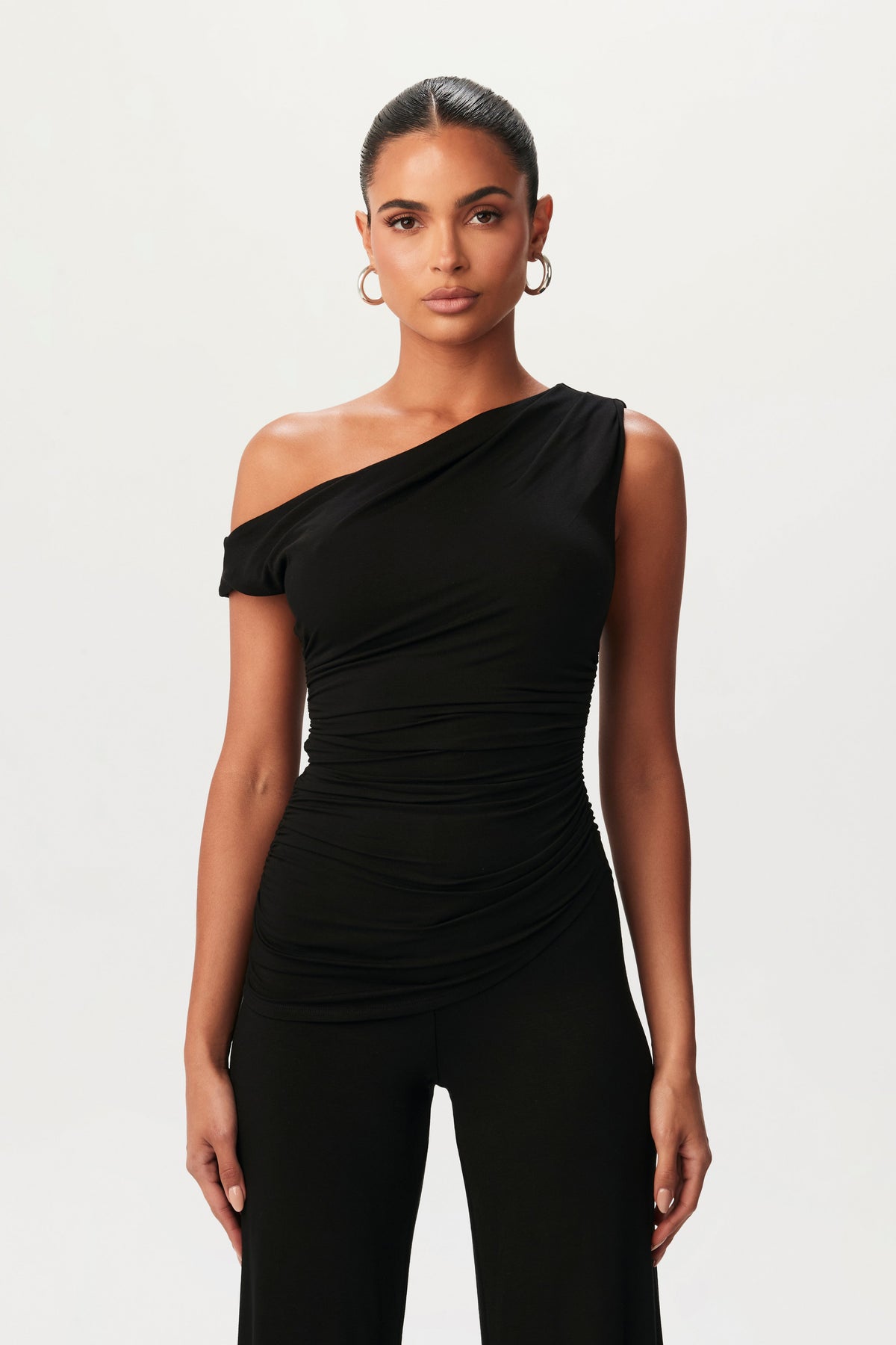 Black Smooth Off-Shoulder Asymmetrical Top