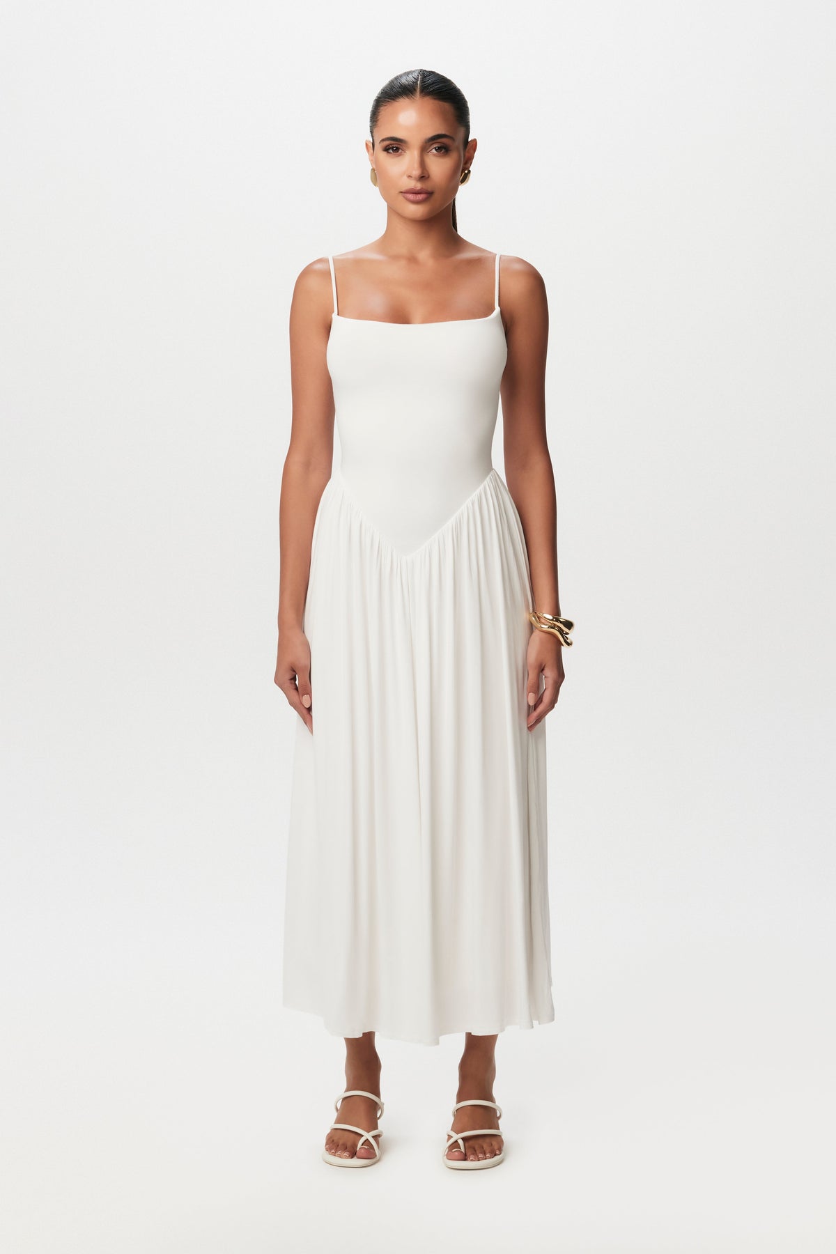 White Smooth Shirred Tank Midi Dress