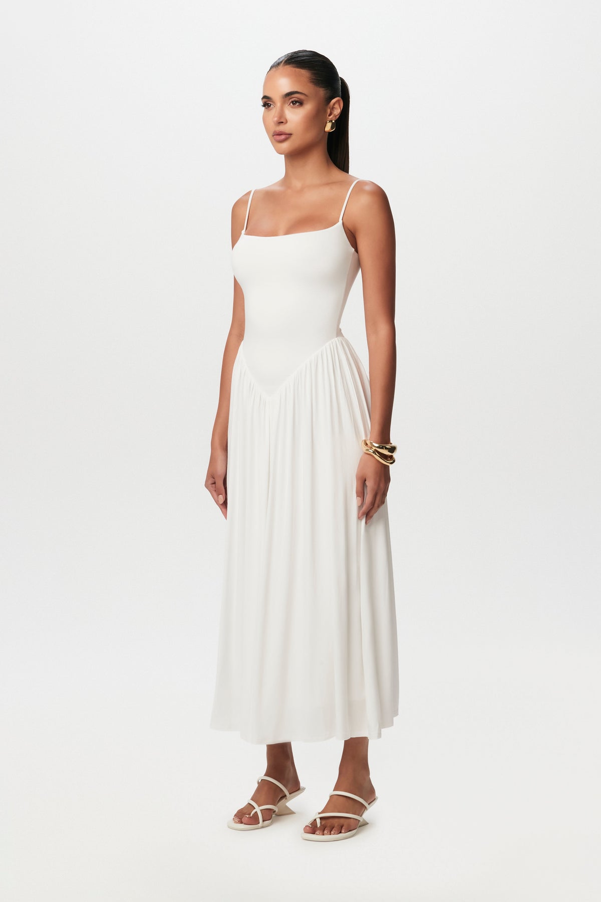 White Smooth Shirred Tank Midi Dress