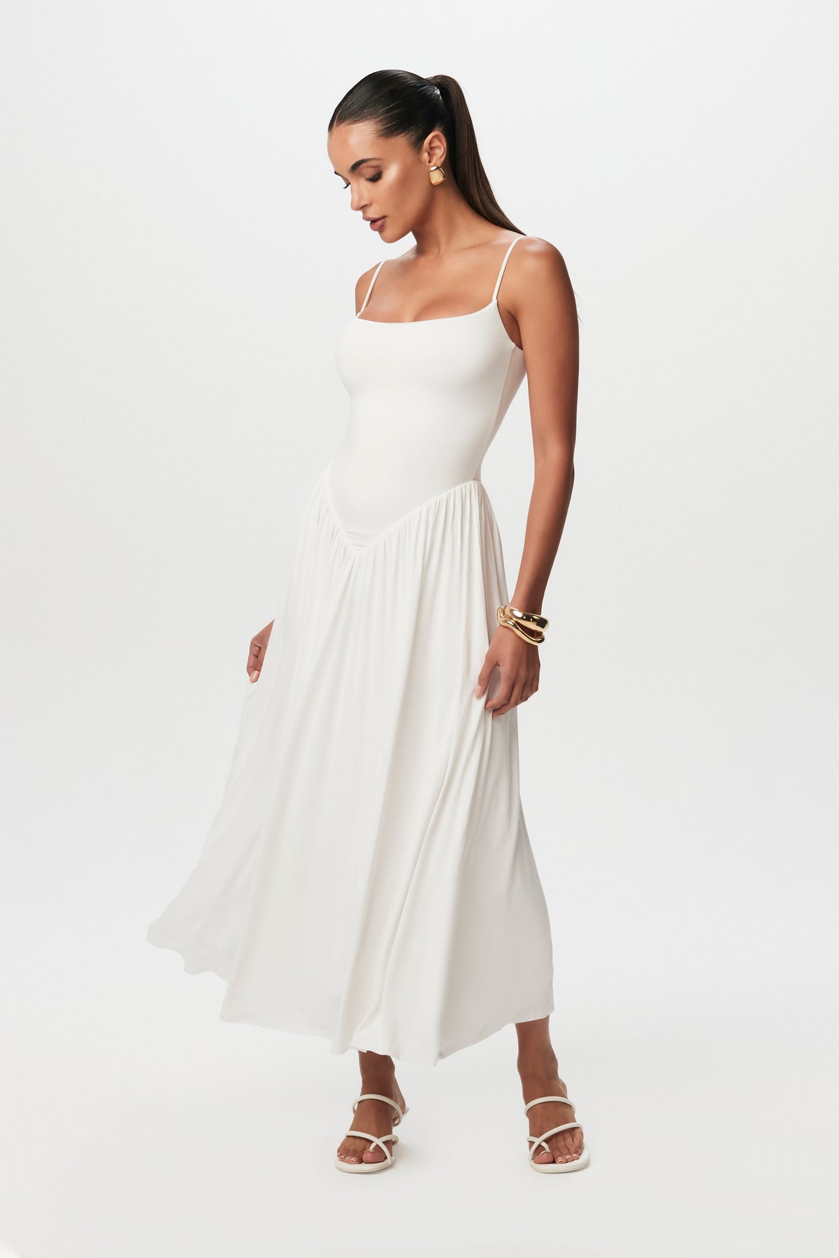 White Smooth Shirred Tank Midi Dress