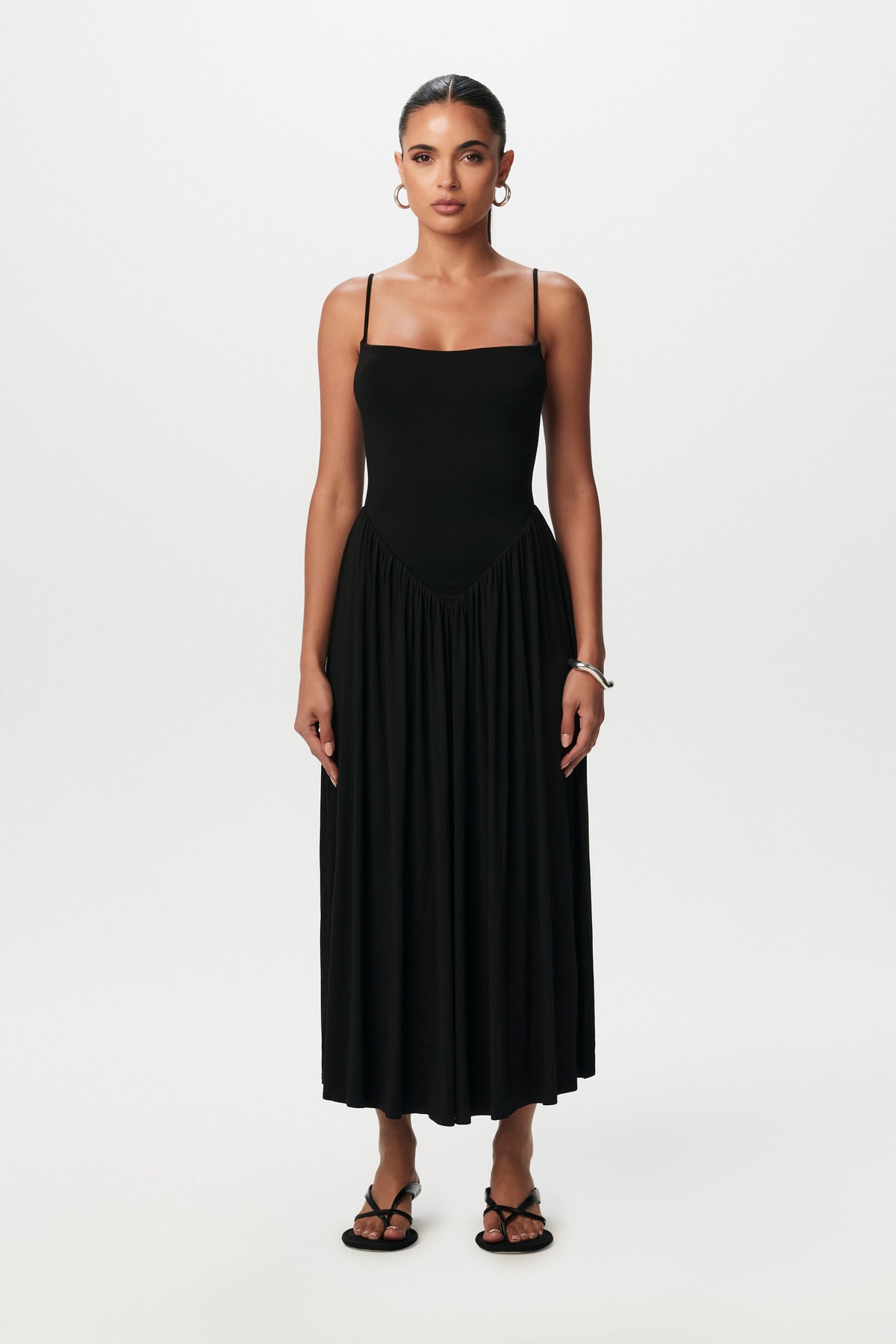 Black Smooth Shirred Tank Midi Dress