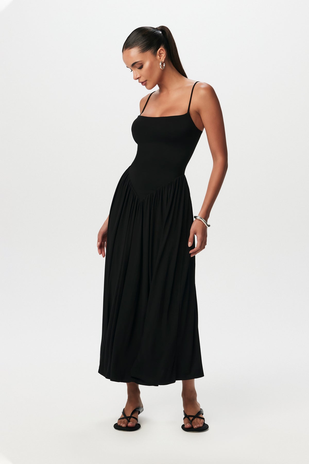 Black Smooth Shirred Tank Midi Dress