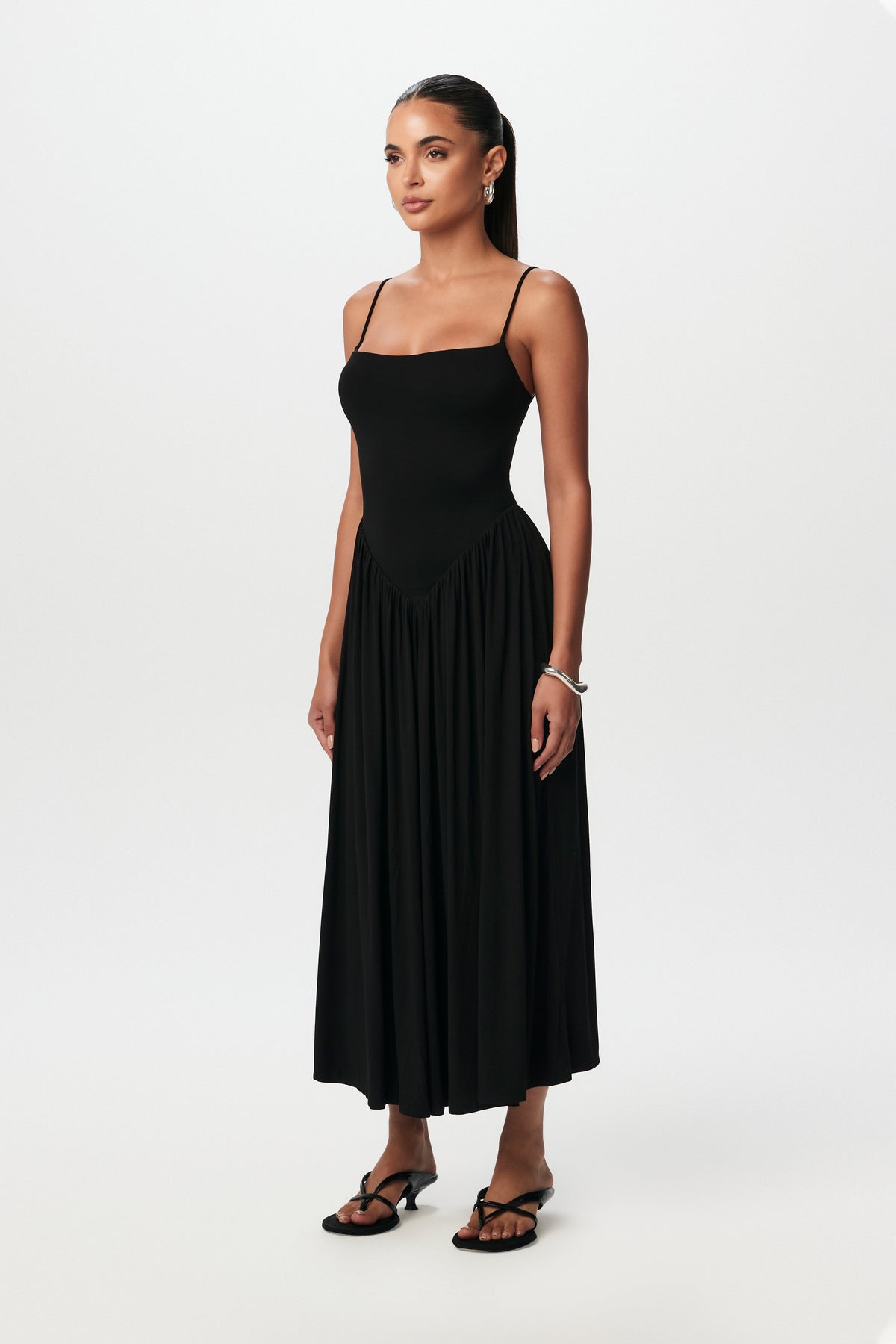 Black Smooth Shirred Tank Midi Dress