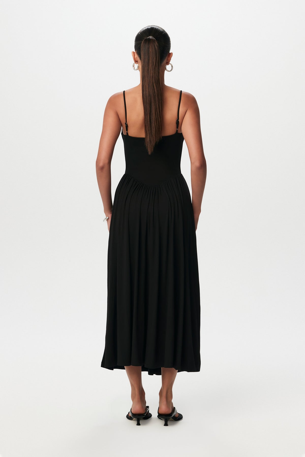 Black Smooth Shirred Tank Midi Dress
