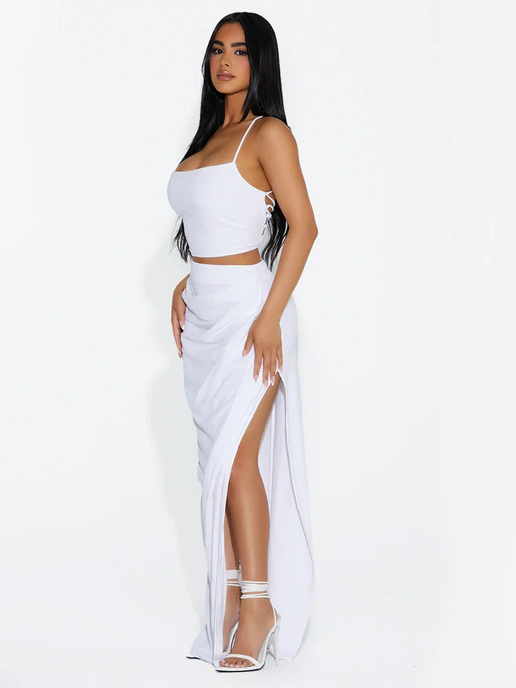 WHITE Linen High Slit Maxi Skirt