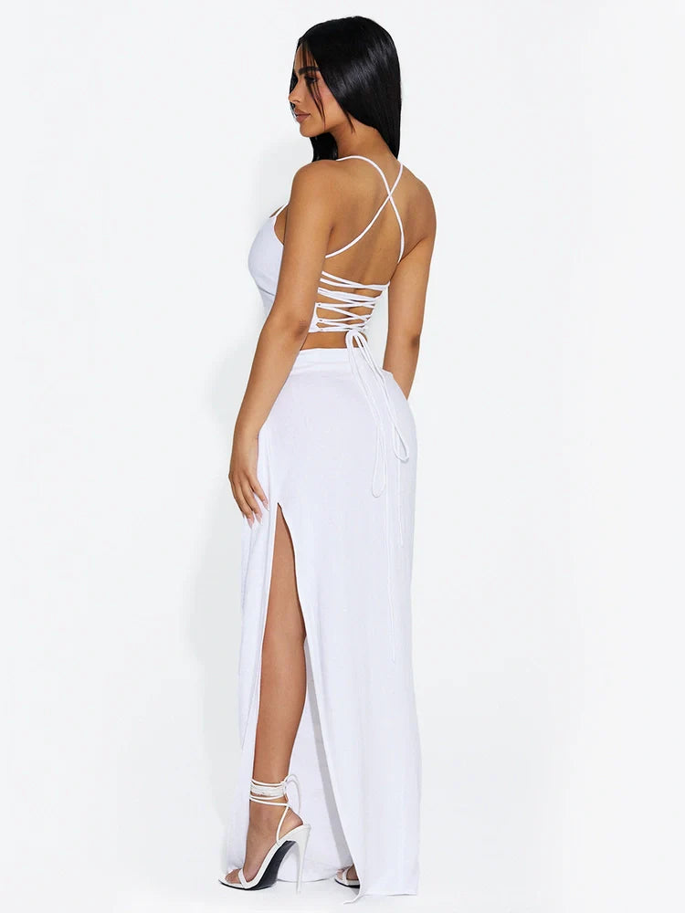 WHITE Linen High Slit Maxi Skirt