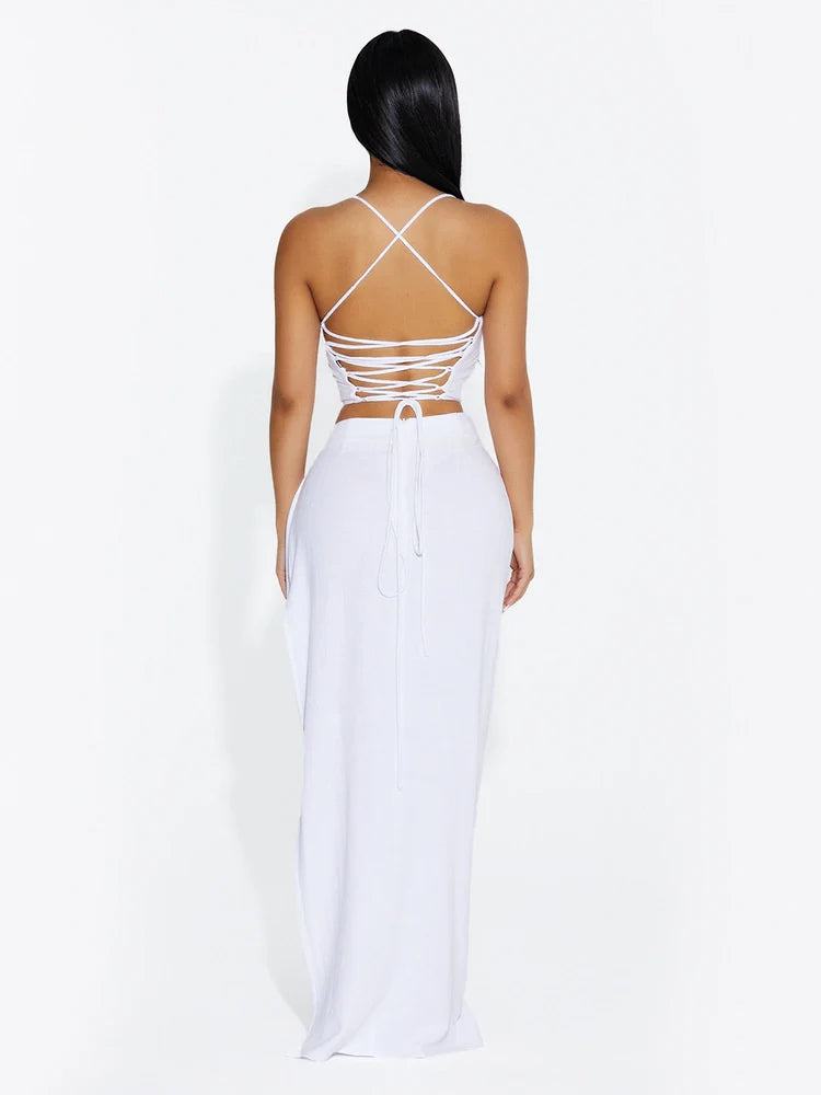 WHITE Linen High Slit Maxi Skirt