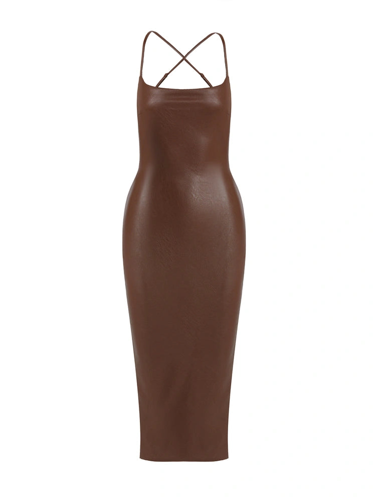 Chocolate Leather Cross Back Dress