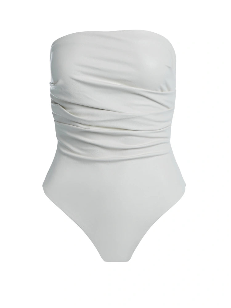 WHITE Vegan Leather Pleated Tube Bodysuit