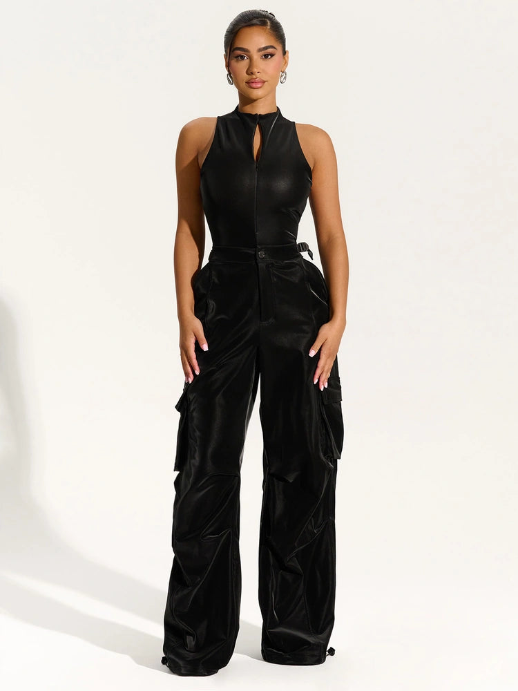 Black Liquid Suede Cargo Pants