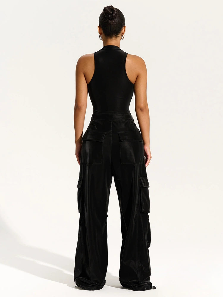 Black Liquid Suede Cargo Pants