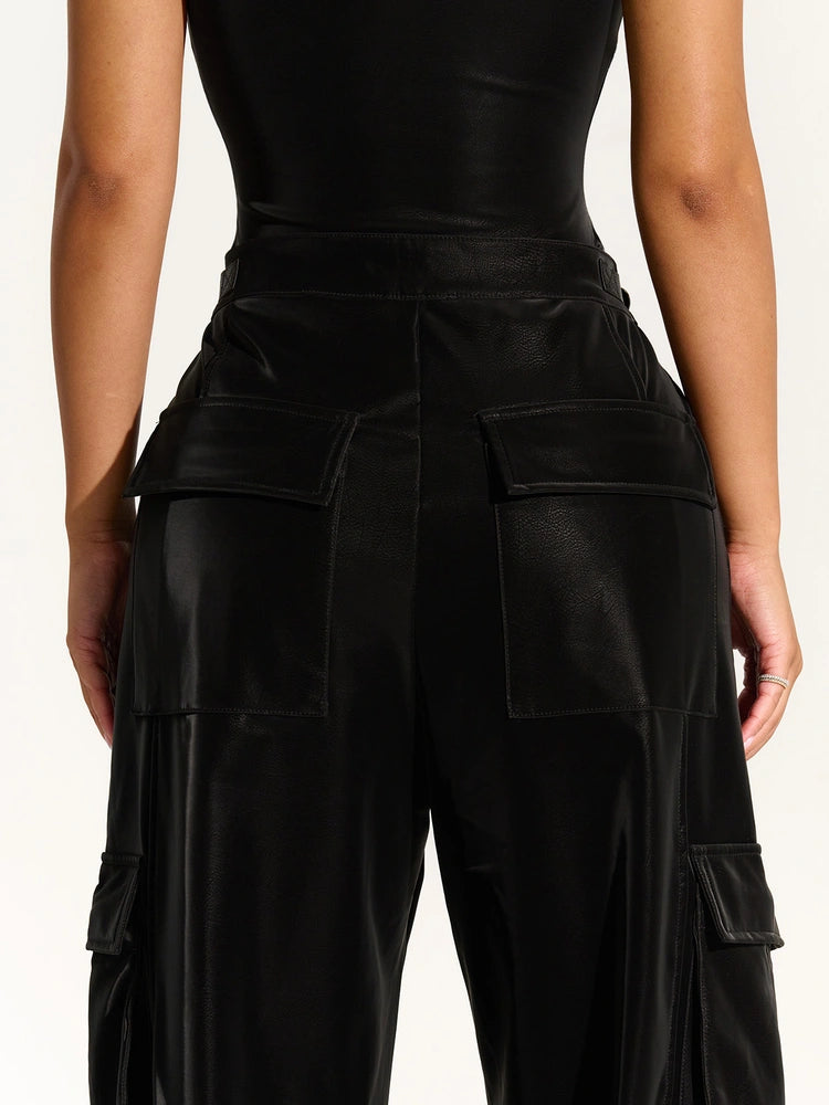 Black Liquid Suede Cargo Pants
