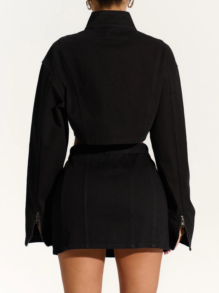 Black Denim Zip Up Cropped Jacket