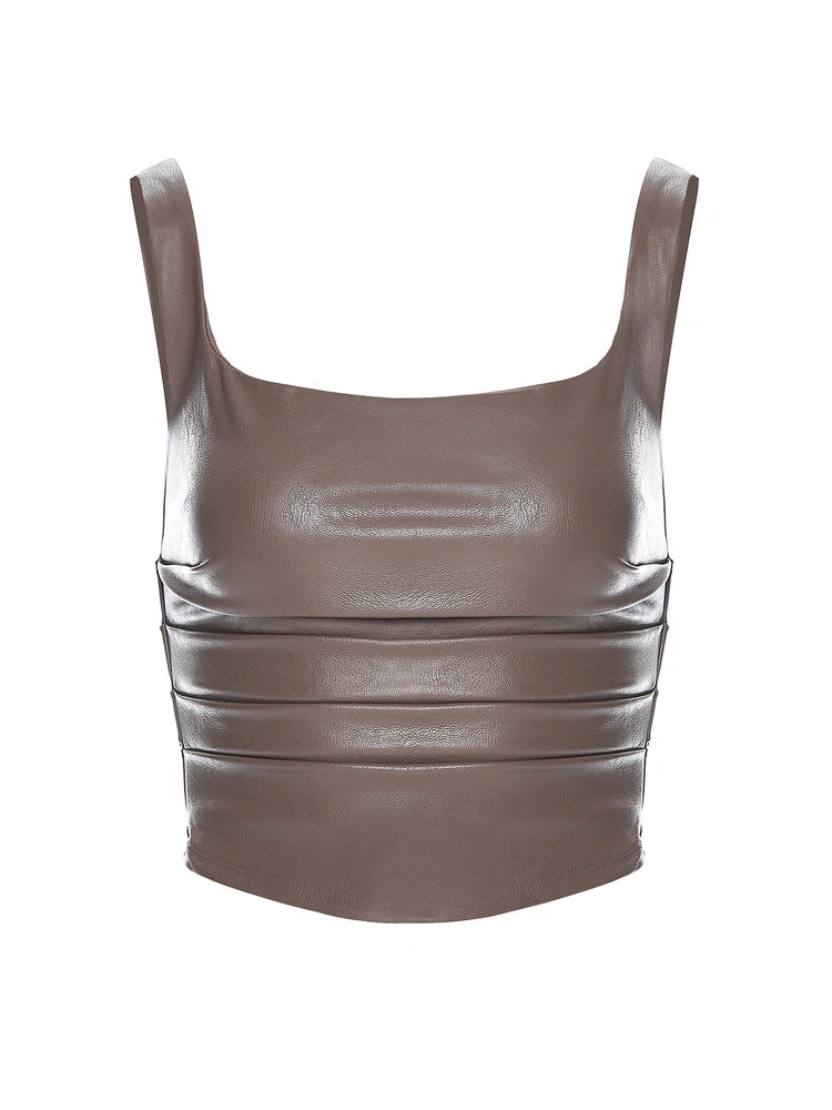 TAUPE Vegan Leather Pleated Tank Top