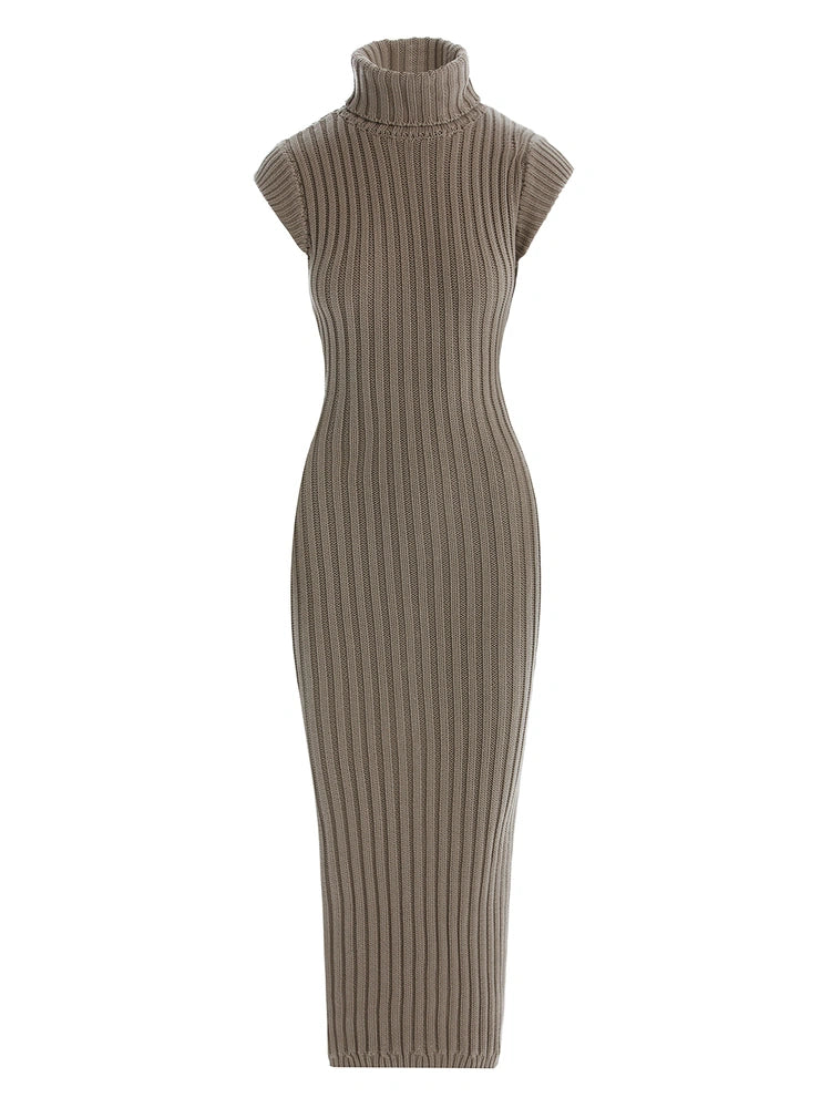 Dark Grey Knit Turtleneck Dress