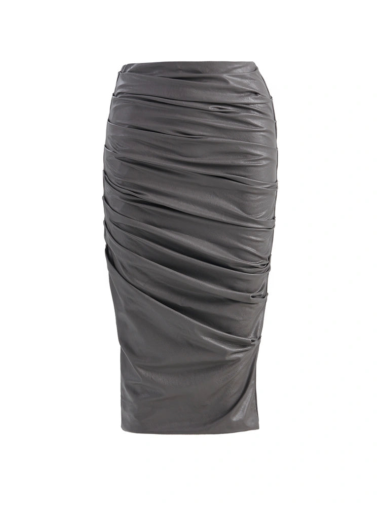 DARK GREY Pleated Leather Midi Skirt